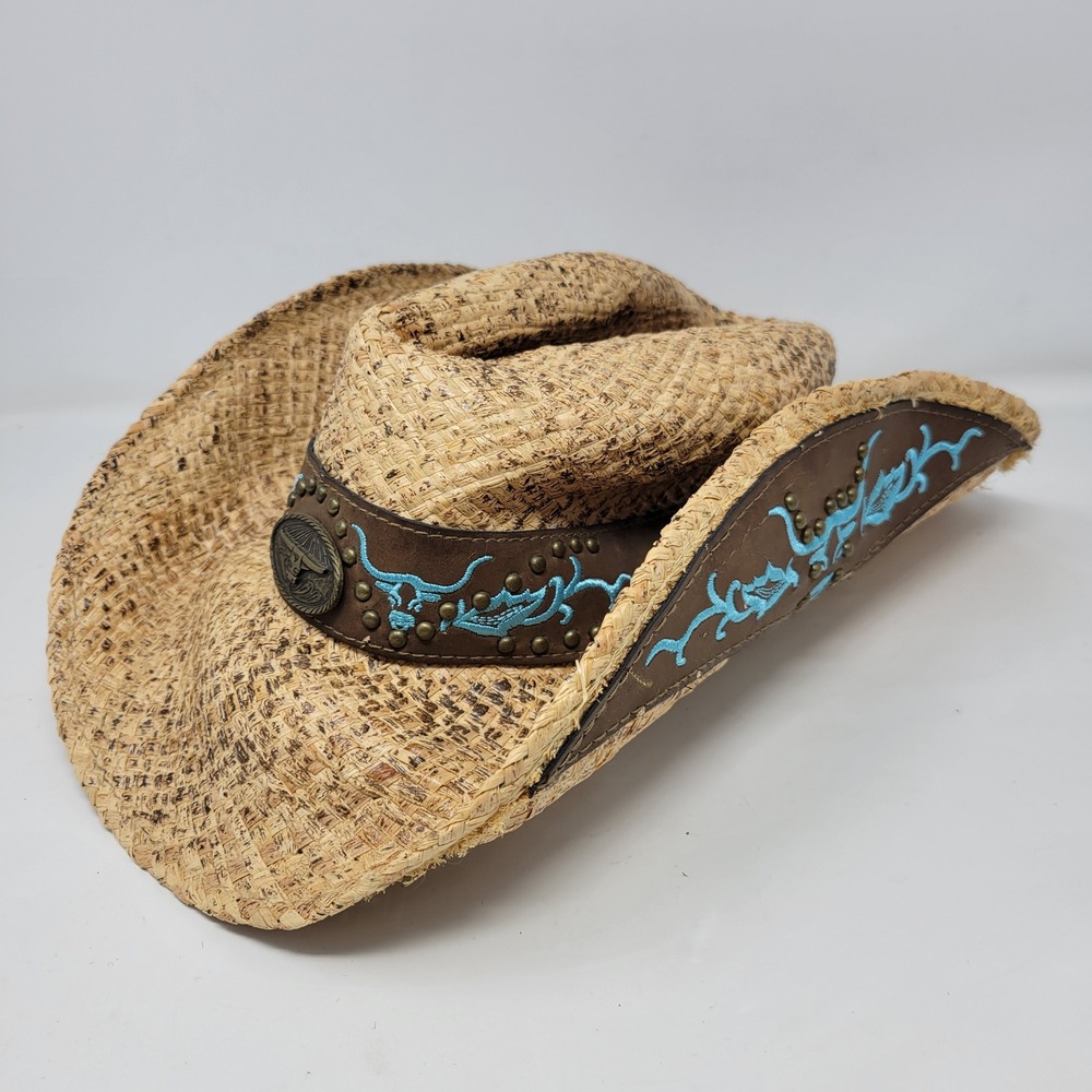 Henschel Hat Co Straw Western Cowboy Hat Large Tan Blue‎ Embroidery Studs USA